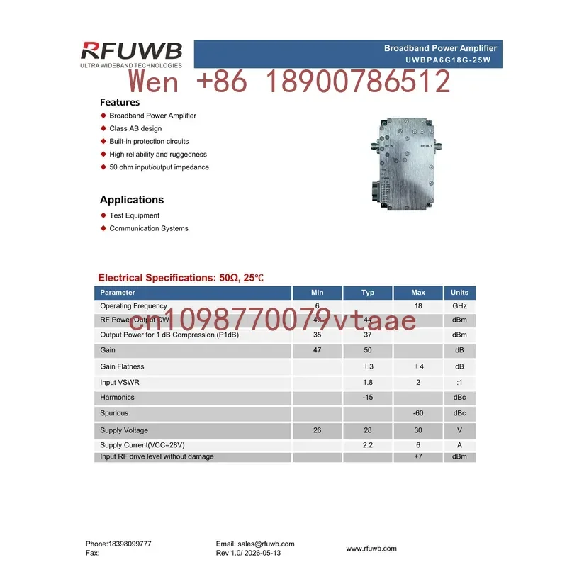 RFUWB 6GHz-18GHz 25W UWBPA6G18G-25W Broadband Solid State Power Amplifier (SSPA) 50dB Gain 28V 6A Screw Mounting