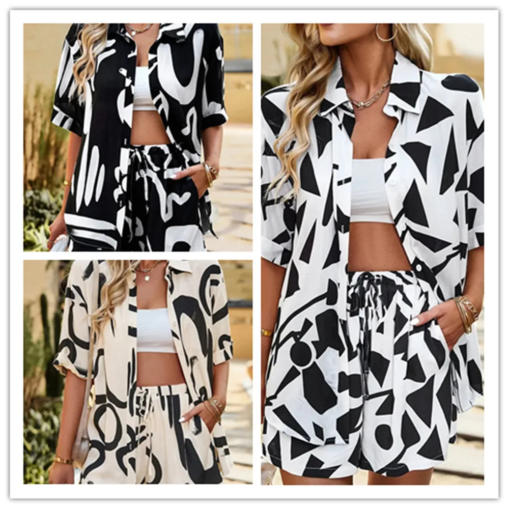 Printed Shorts Suit Women\'s Lapel Loose Casual Shirt Shorts Suit Summer Fashion  Elegant Two-piece Set