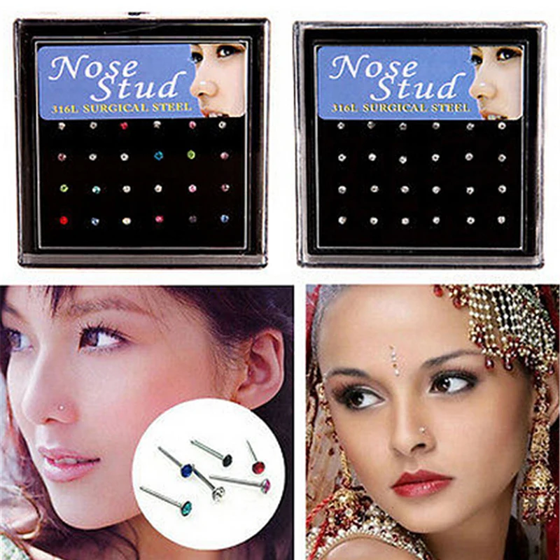 24 Pcs/Box Nose Ring Set Women Girl Rhinestone Stainless Surgical Steel Piercing Crystal Nose Stud Lot Body Jewelry