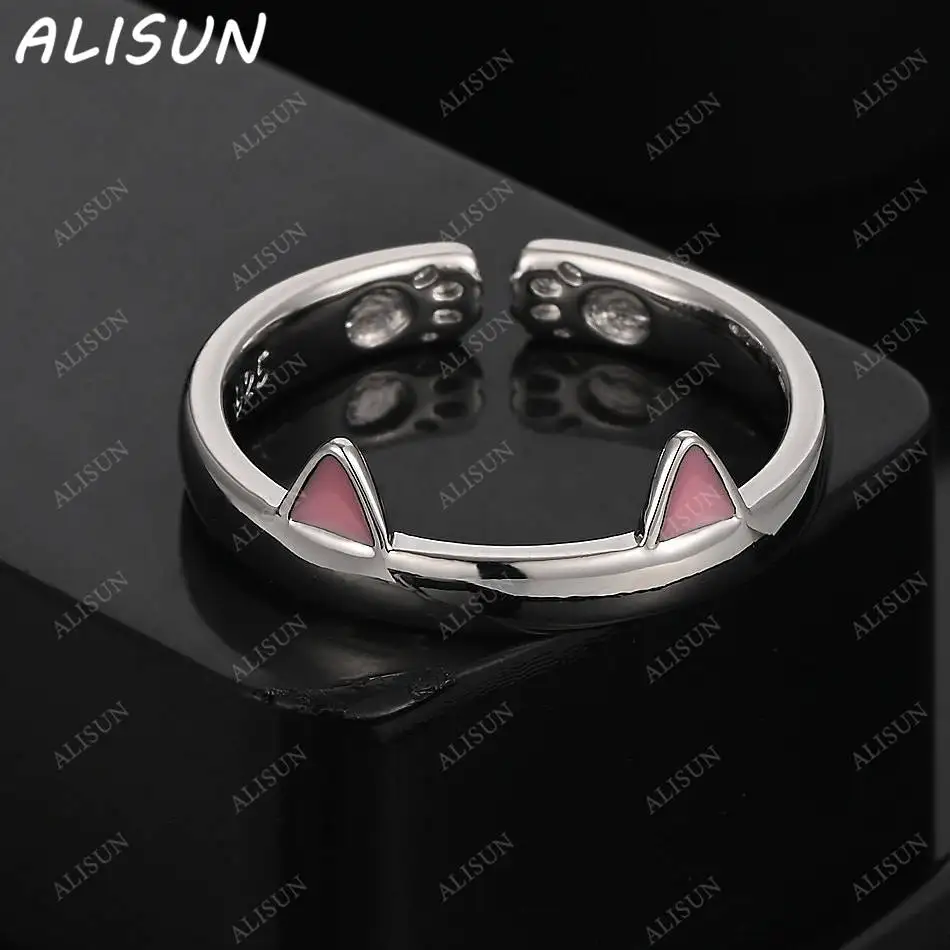 

ALISUN 925 Sterling Silver Pink&Black Kitten Open Ring For Women Men Fashion Jewelry Charm Grace Noble Wedding Accessories