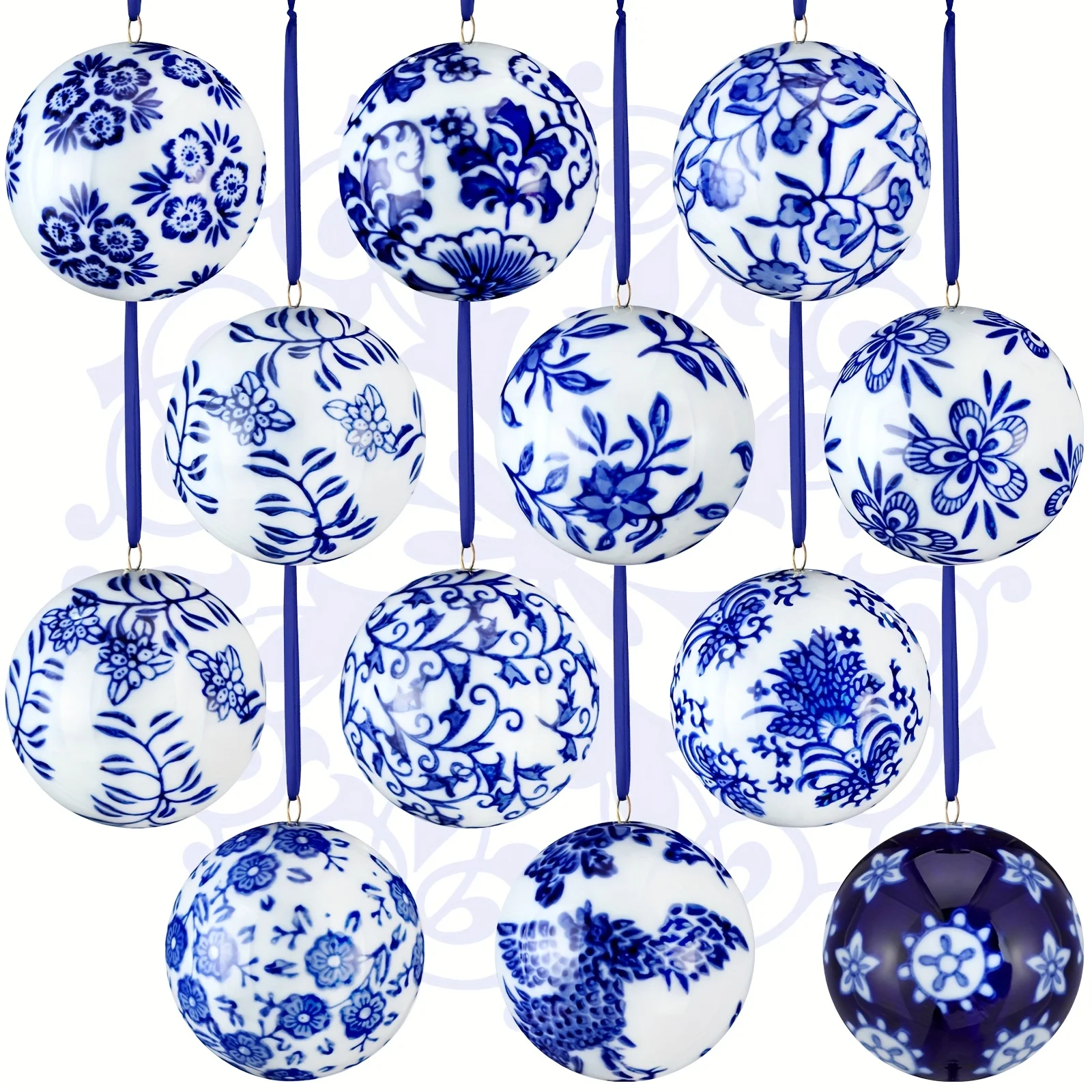 

Set of 12 Ceramic Decorations for The Christmas Tree Featuring Chinoiserie-Style Porcelain Balls, Measuring 2.36 Inches in Blue And White, Complete with Ribbons for Festive for Home Decor
