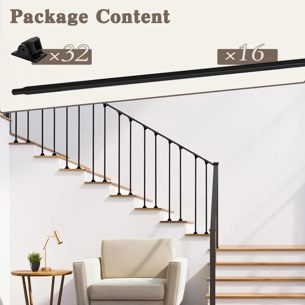 16 عبوة من الدرابزين الحديدي المستقيم المجوف مقاس 1/2 × 44 مع 32 حذاء دوار ثابت لدرابزين الدرج الداخلي، أسود غير لامع
