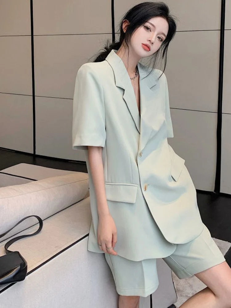 مجموعة أزياء الشارع لفصلي الصيف والخريف، بدلة صيفية خفيفة بحجم كبير، جاكيت كاجوال فضفاض بأكمام قصيرة، شورت نسائي، طقم من قطعت...