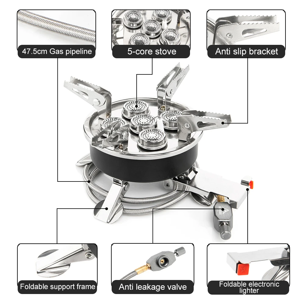 Widesea Camping 5in1 Gas Stove Outdoor Big Power Burner Portable Folding Furnace Picnic Equipment Cooking Hiking Supplies