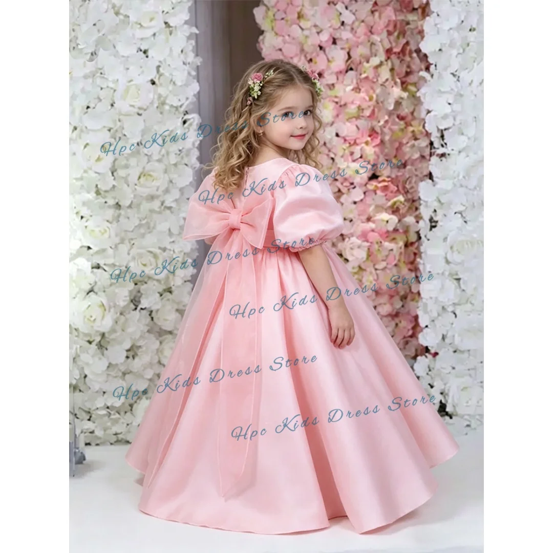 Girls' Pink Satin Puff Sleeve Princess Flower Girl Dress Suitable for Weddings and Parties, Children's Model Pageants, and Forma