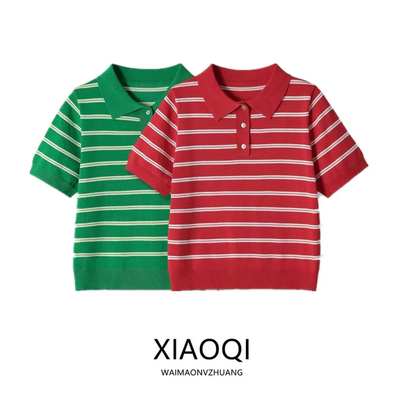 

Summer 2026 Women's Knitted Stripe Short Sleeve Shirt Versatile Casual Style Basic Fit Regular Length Crew Neck T-Shirt