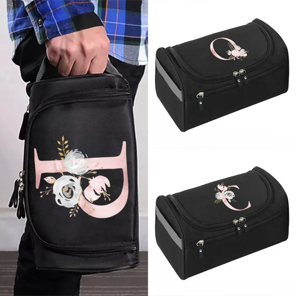

Pink Flower Letter Print Multi Functional Zippered Cosmetic Bag Business Stylish Toiletry Bag Hook Travel Storage Pouch Unisex