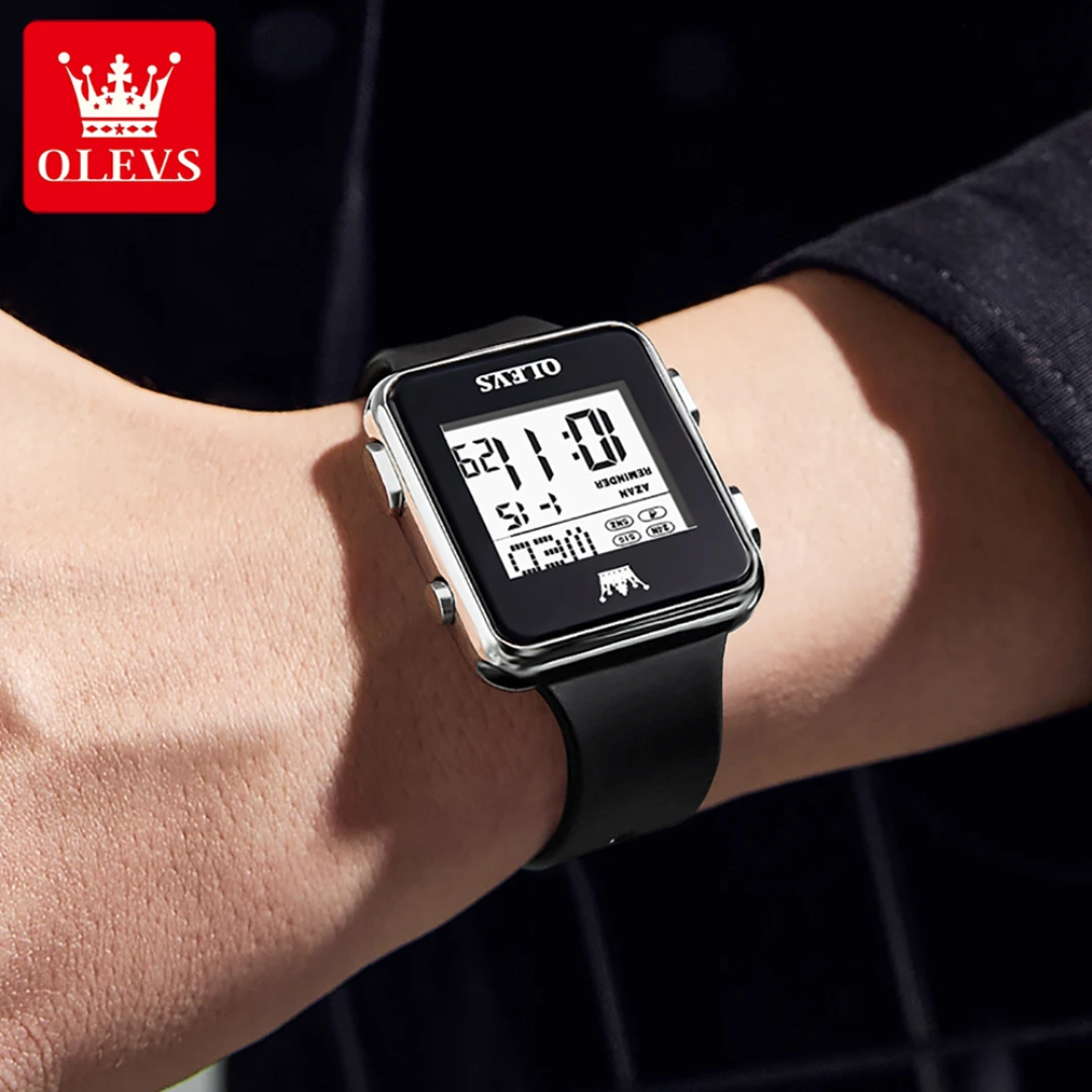 OLEVS 1105 스포츠 디지털 시계 선물 스퀘어 다이얼 PU 손목 시계 주간 표시 달력 빛나는 스톱워치 타이머