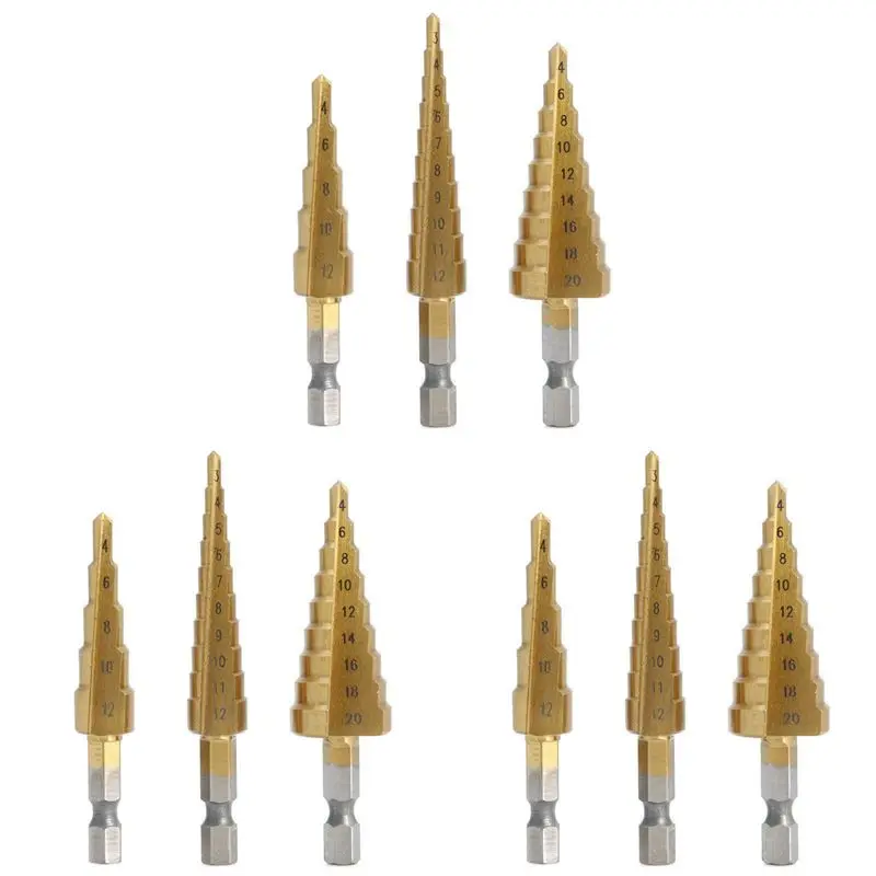 

A84E-9 Pcs High-Speed Steel Step Drill Bit Set Power Tools Cone Titanium Coated Metal Hole Cutter 1/4 Inch Hex Shank