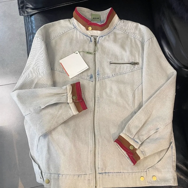 American Retro Cleanfit Denim Jacket Men's Spring and Autumn High-end Ruffian Handsome Detroit Stand-up Collar Tooling Jacket