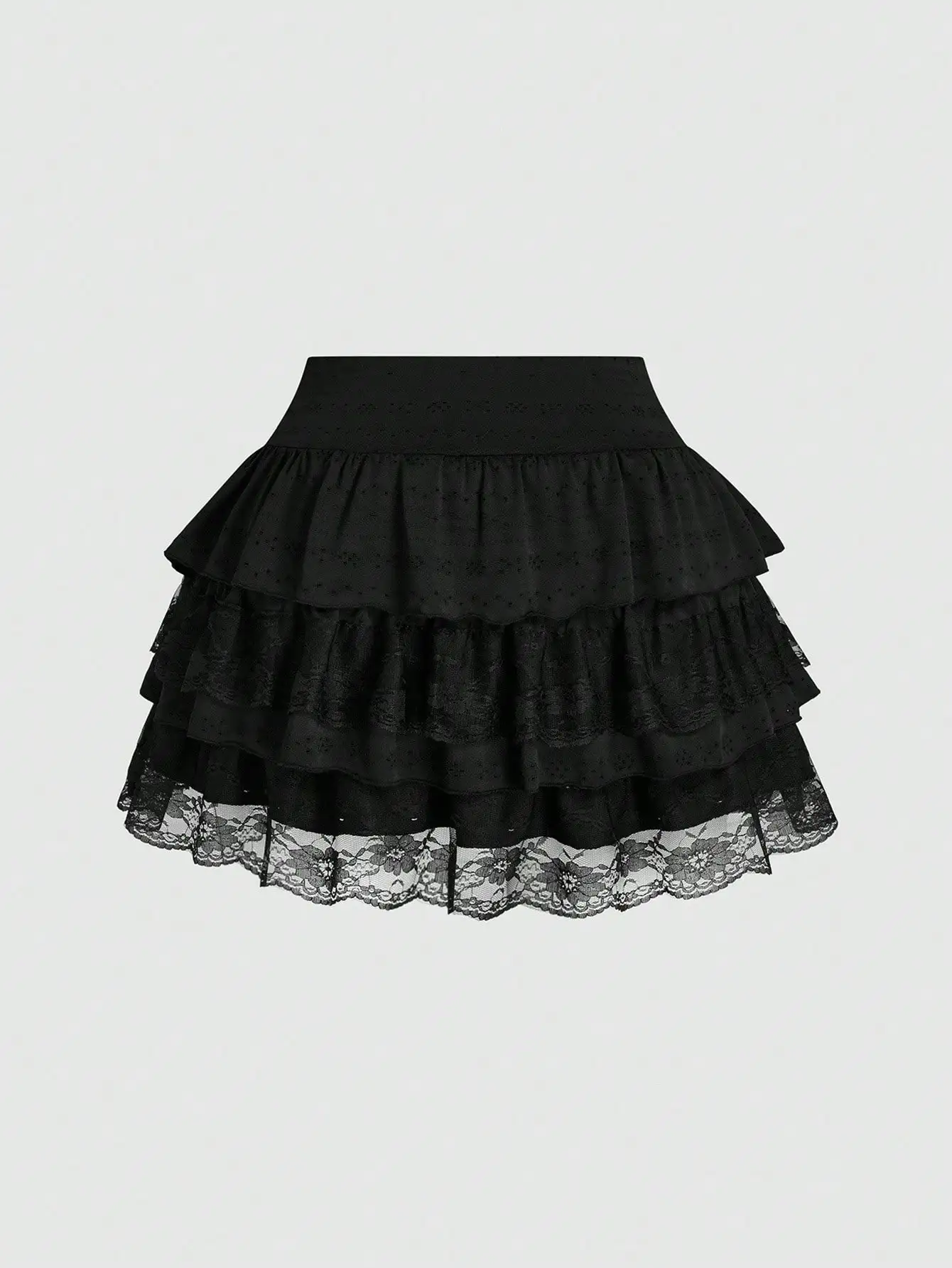 Saia Midi Preta com Camadas e Babados em Renda para Mulheres