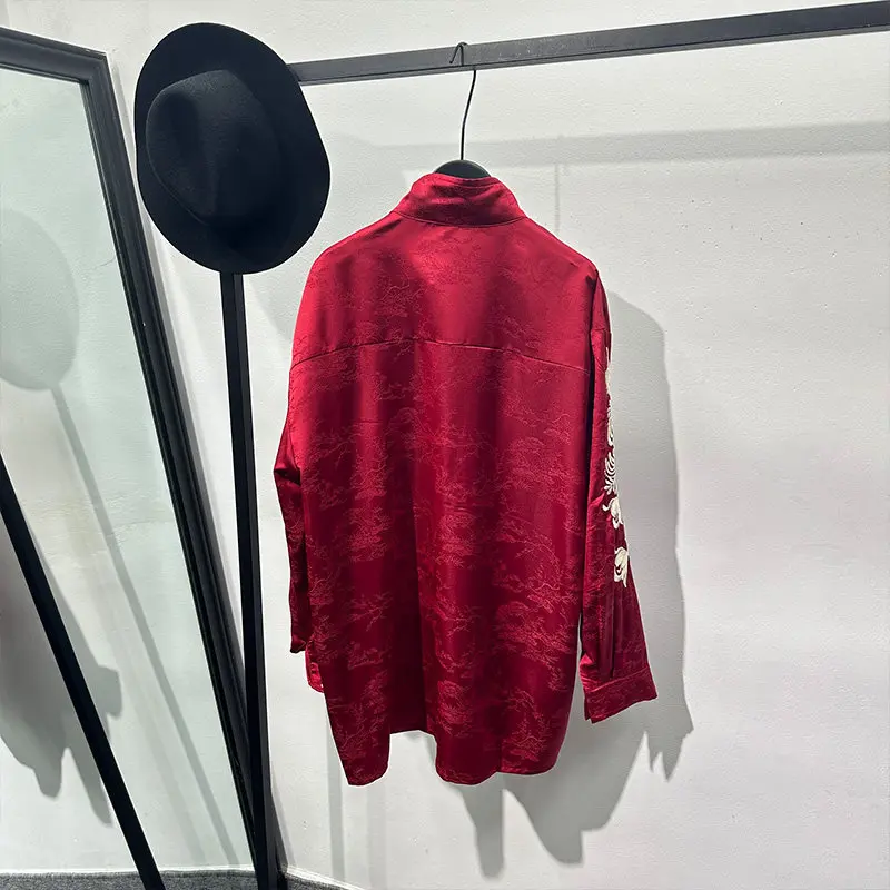 Heavy Industry Flower Embroidery Design Sense Stand Up Collar Loose Shirt Men's Chinese Style Retro Red Long Sleeve Shirts Top