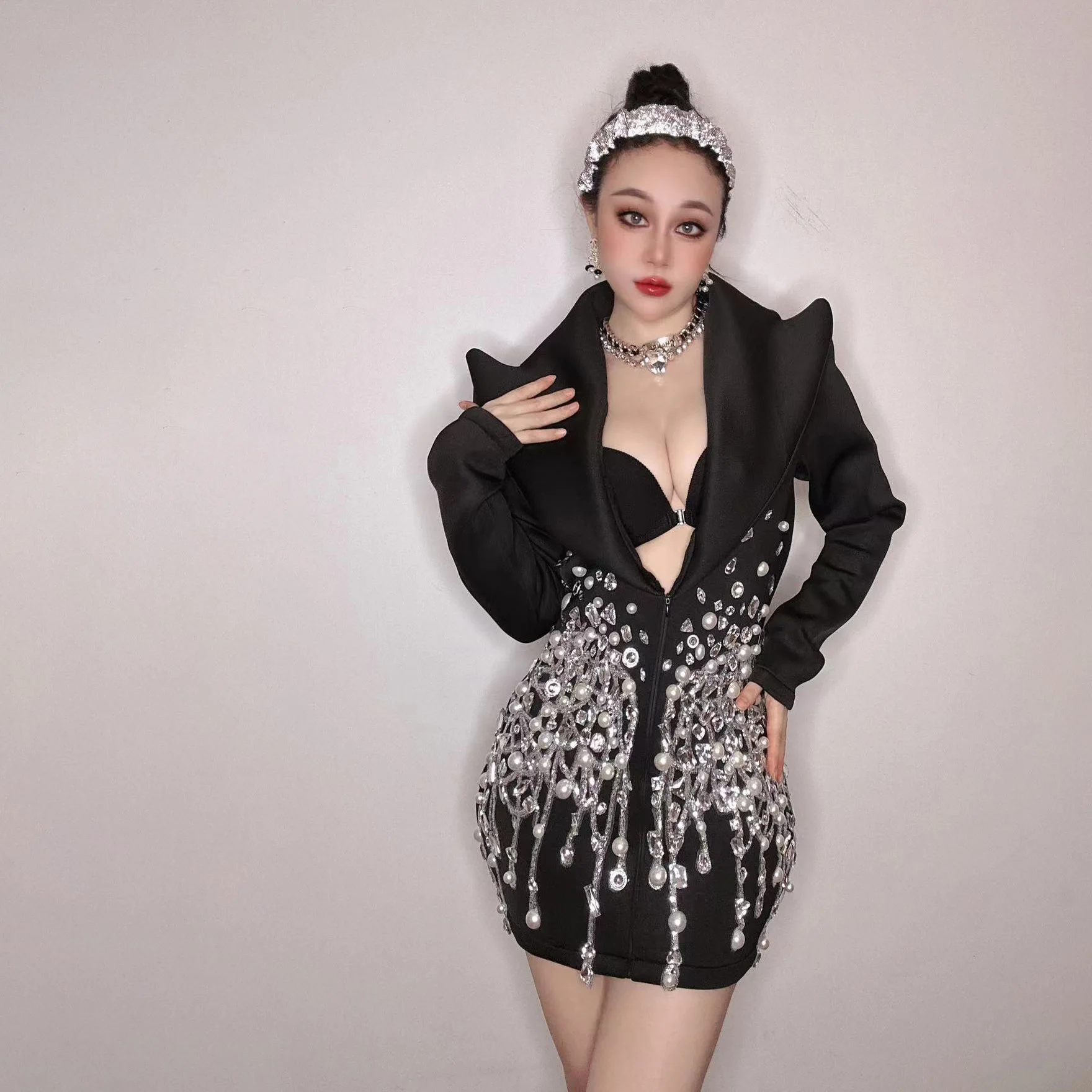 Luxury Shiny Pearl Rhinestone Jacket Sexy Stage Costume DJ Singer Bar Nightclub Costume Birthday Party Performance Costume