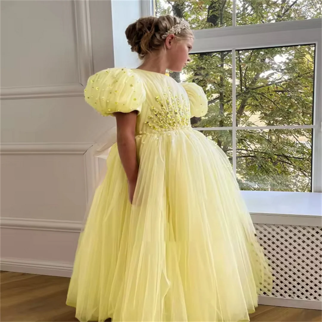 

Тюлевое платье с цветочным узором для девочек с бисером, индивидуальное трапециевидное платье длиной до пола с пышными рукавами для детей, платья для первого причастия, дня рождения