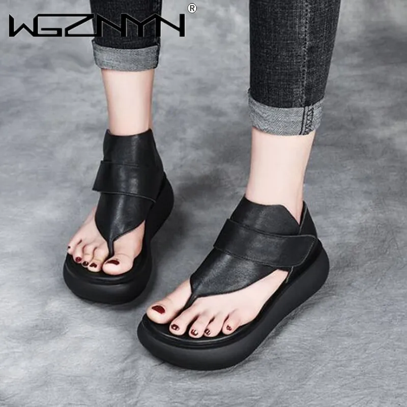 NEW Designer Women Sandals Round Toe Leather Platform Wedges 2024 Summer High Heel Shoes Full Genuine Leather Black Casual Shoe