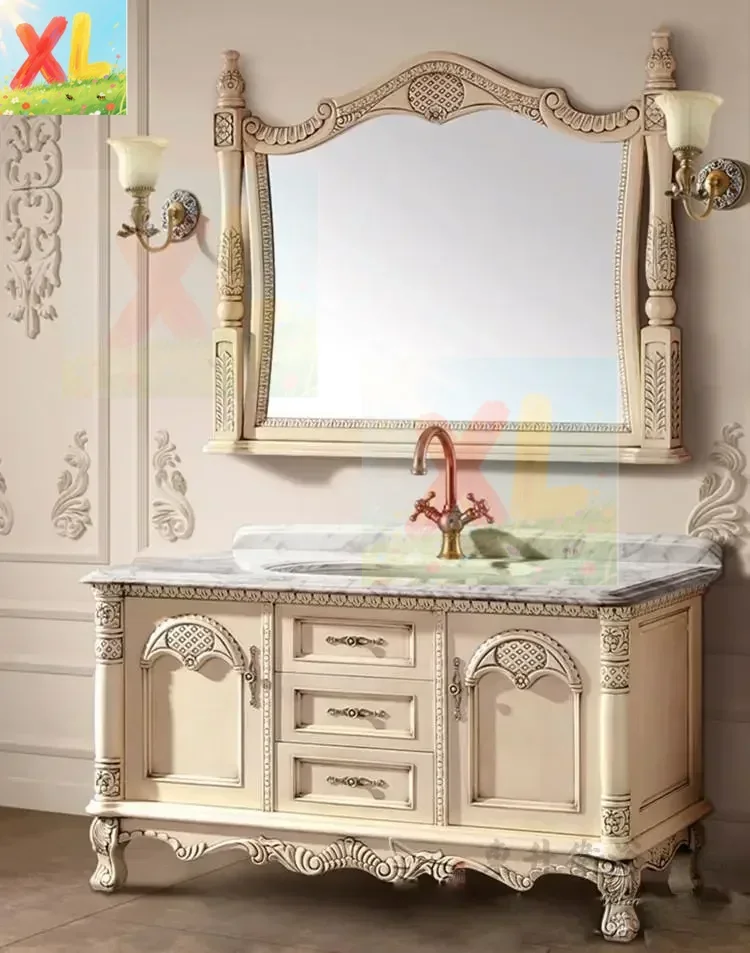 

Spot European antique red oak floor-to-ceiling bathroom cabinet marble face wash double basin solid wood bathroom sanitary ware