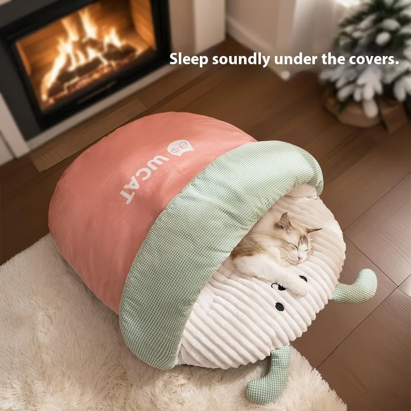

Осенне-зимнее кошачье гнездо, мультяшный трехмерный спальный мешок для кошек, полузакрытый кошачий домик, теплая кровать с просверленными отверстиями, гнездо для щенка