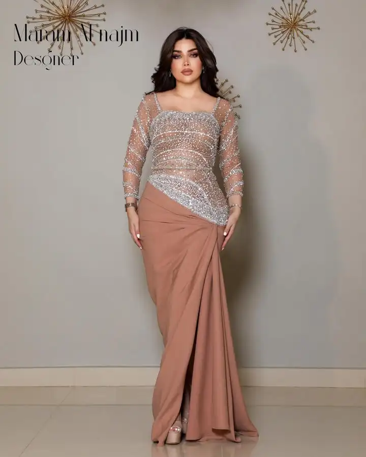 Customized Stunning Beaded Embellished Evening Dress Chiffon Patchwork Special Occasion Dress Mesh Sleeve Fitted Guest Outfit
