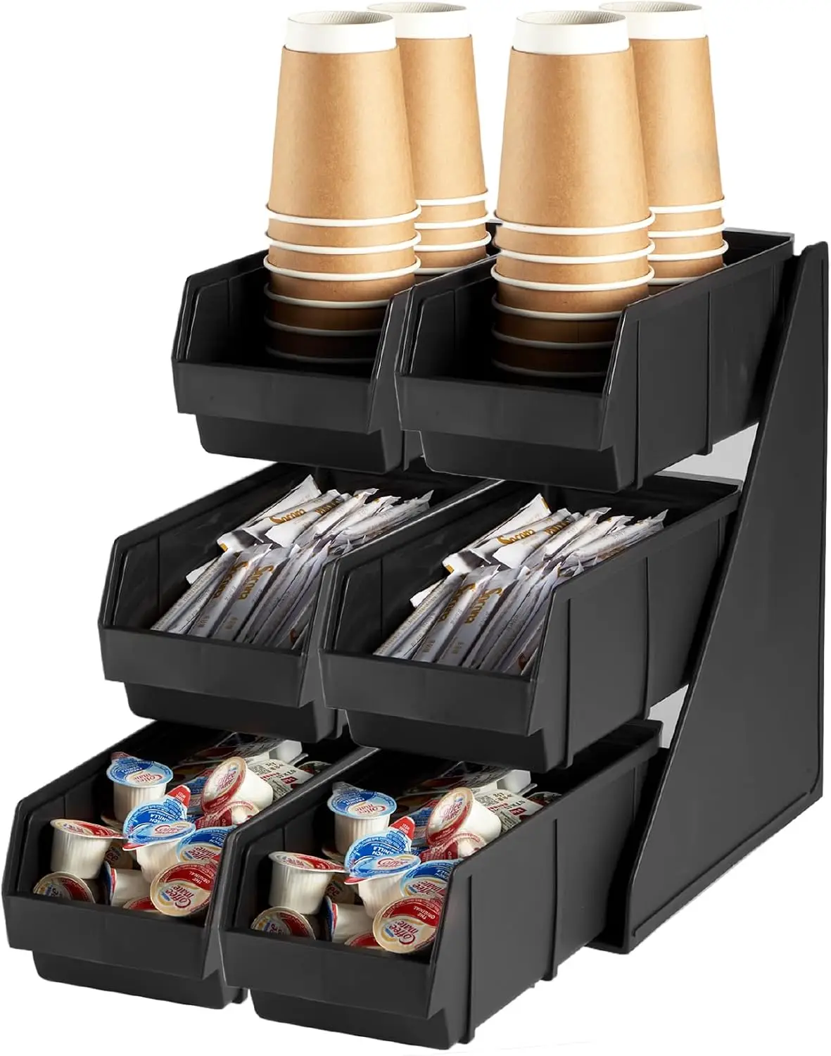 Black Self Serve Condiment Bin Stand Set, 3-Tier Stand with 6 Bins, 20