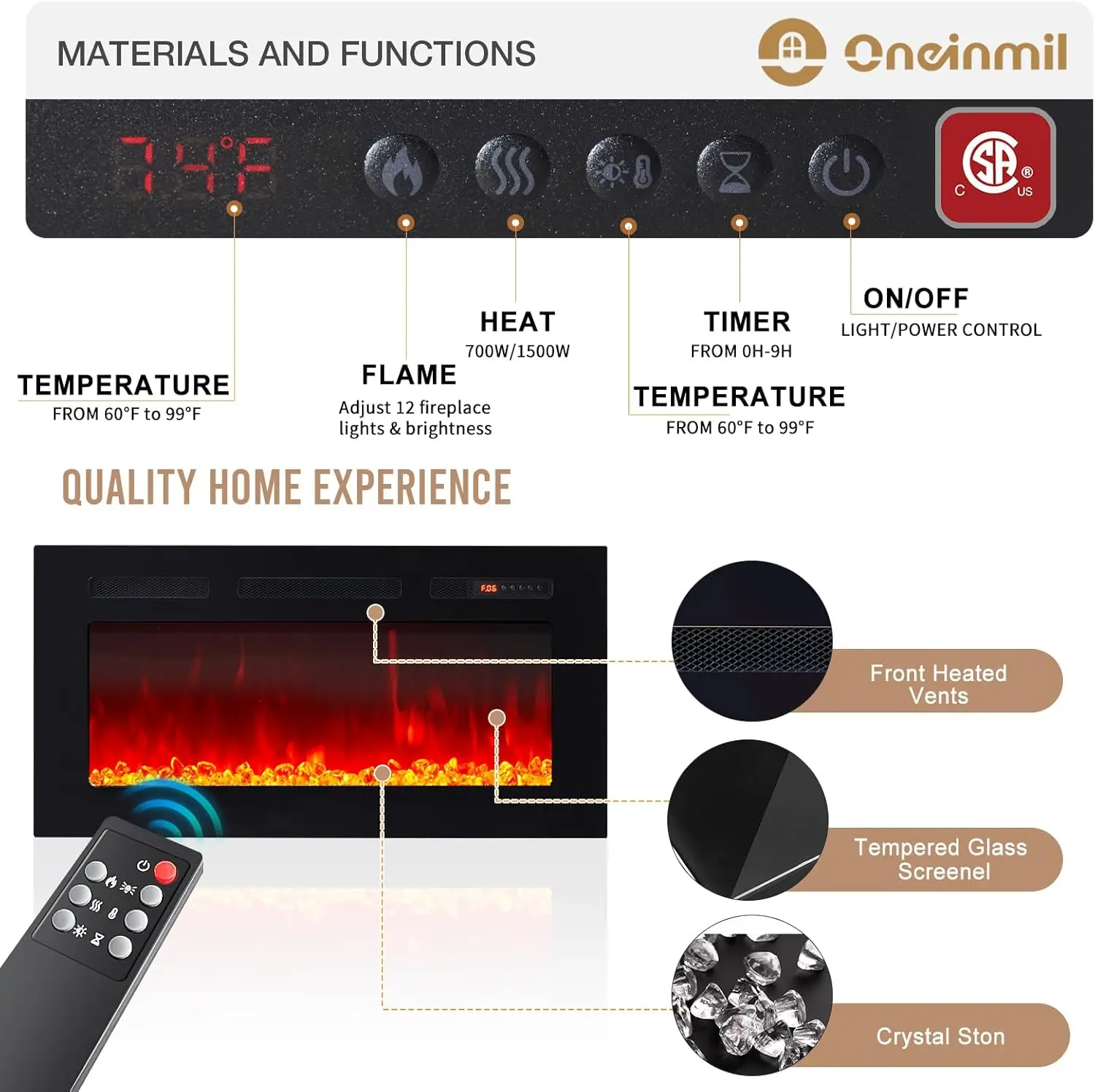 Soporte para TV con chimenea eléctrica de 36” Soporte para consola de TV de 70” para televisores de hasta 80