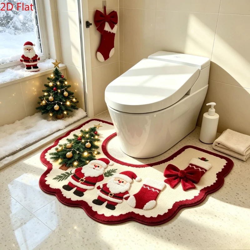 VIKAMA Flannel U Shape Christmas Toilet Mat Santa Claus Christmas Tree Stockings Non Slip Soft Absorbent Toilet Mat Bathroom Rug