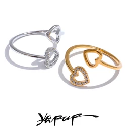 Yhpup Gold & Platinum PVD Plated Stainless Steel Open Adjustable Ring Heart Hollow Fashion Chic Finger Accessories for Women