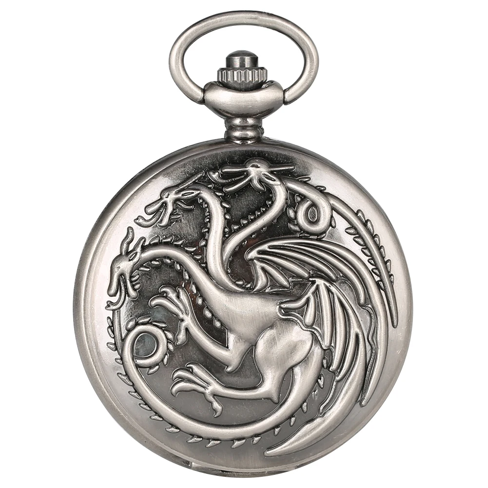 Retro grigio a tre teste Fire Dragon collana orologio da tasca al quarzo da uomo antico ciondolo amuleto nordico gioco da donna gioielli da film ora