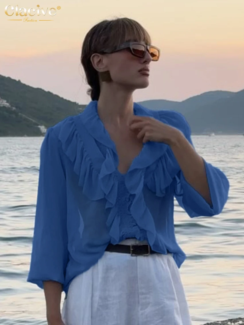 

Clacive Fashion Loose Blue Women's Shirt 2025 Sexy Lapel Long Sleeve Shirts Elegant Classic Ruffles Solid Top Female Clothing