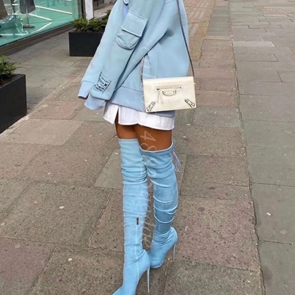

Blue Suede String Decor Boots Lace up Sexy Thin High Heels Skintight Shoes Thigh High Footwear Shoes 2025 Zapatos Para Mujere