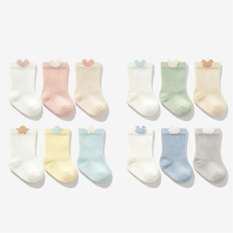 3Pairs Baby Cotton Socks Spring Autumn 0-5Yrs Toddler Socks Cute Bear Heart Decor Soft Breathable Candy Color Children Socks
