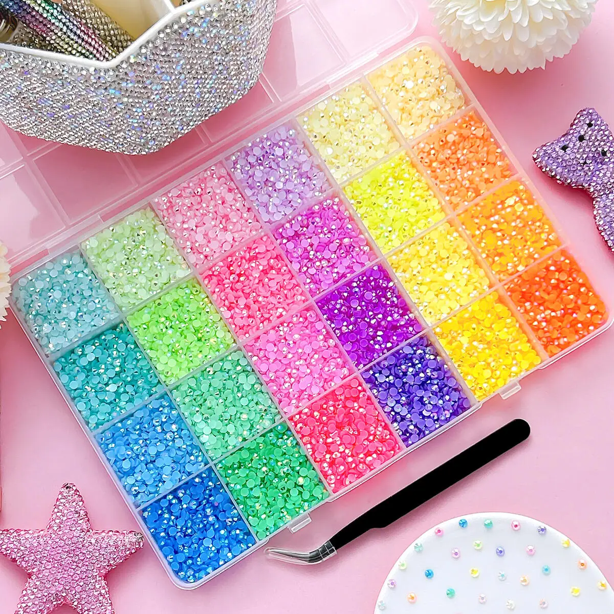 1Box Candy Colors Sparkling AB Nail Rhinestones Bedazzling Kit 3mm New 24-Colors Flatback Semi-circular Resin Diamond Art DIY