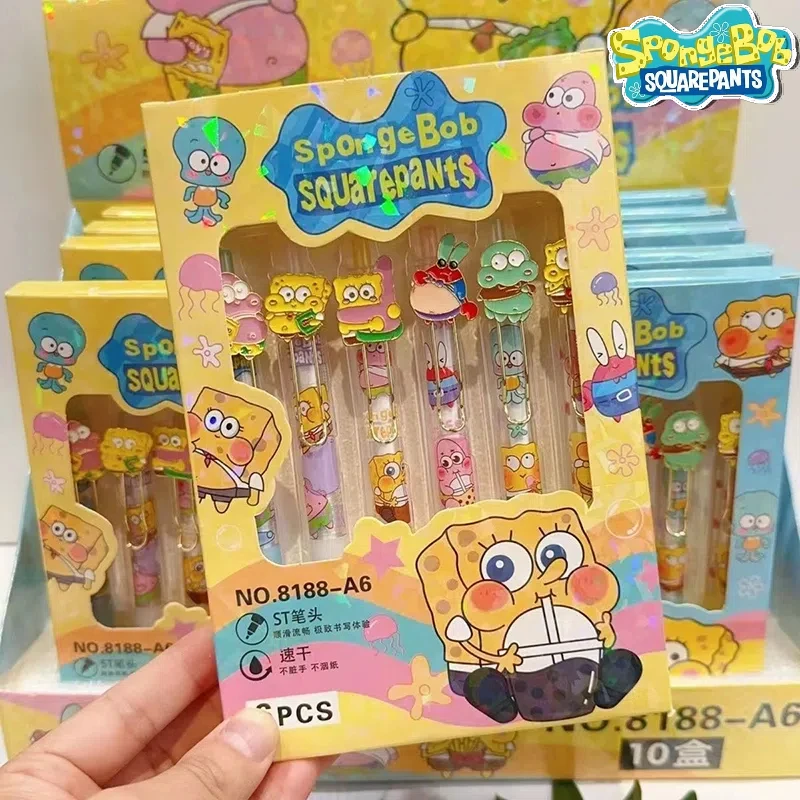 SpongeBob SquarePants Press Signature Pen 6PCS Anime Figure Boxed Waterbased Pen School Supplies Student Stationery Gift For Kid