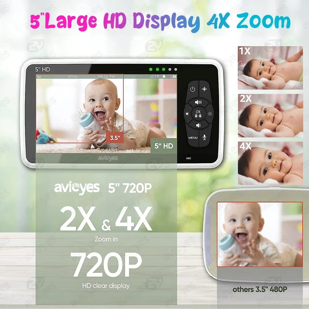 5'' HD Baby Monitor with 2 Cameras Pan-Tilt-Zoom Baby Phone Two-Way Audio Baby Camera Night Vision Nanny Monitor 22 Hour Battery