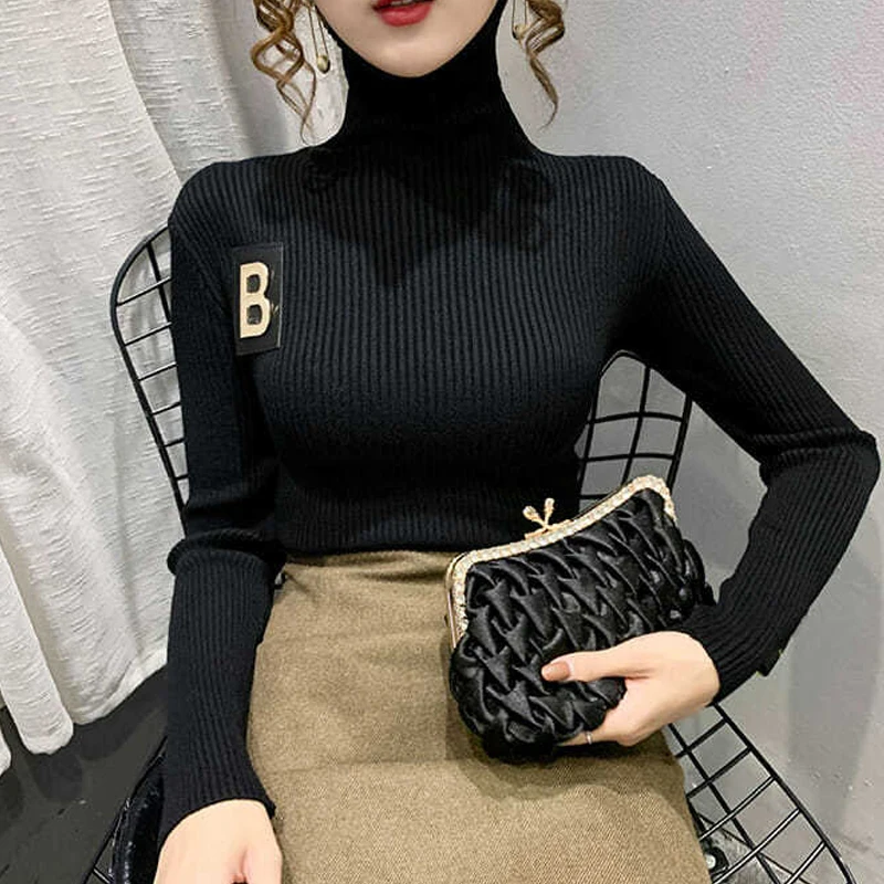 Women Korean Fashion Appliques Turtleneck Elegant Basic Knitwear 2023 Autumn Winter Solid Long Sleeve Slim Pullover Tops Jumpers