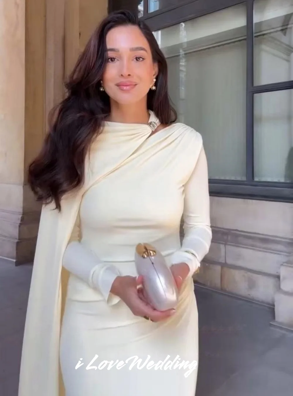 

Beige O-Neck Evening Dress 2025 Long Sleeve Shawl Mermaid Arabic Prom Dress Floor-Length Pleated Wedding Party Dress Customized