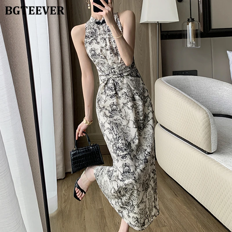 

BGTEEVER Fashion Chic Ladies Halter Package Hip Printed Dress Elegant Slim Female Sleeveless Bodycon Split Dress Summer Vestidos