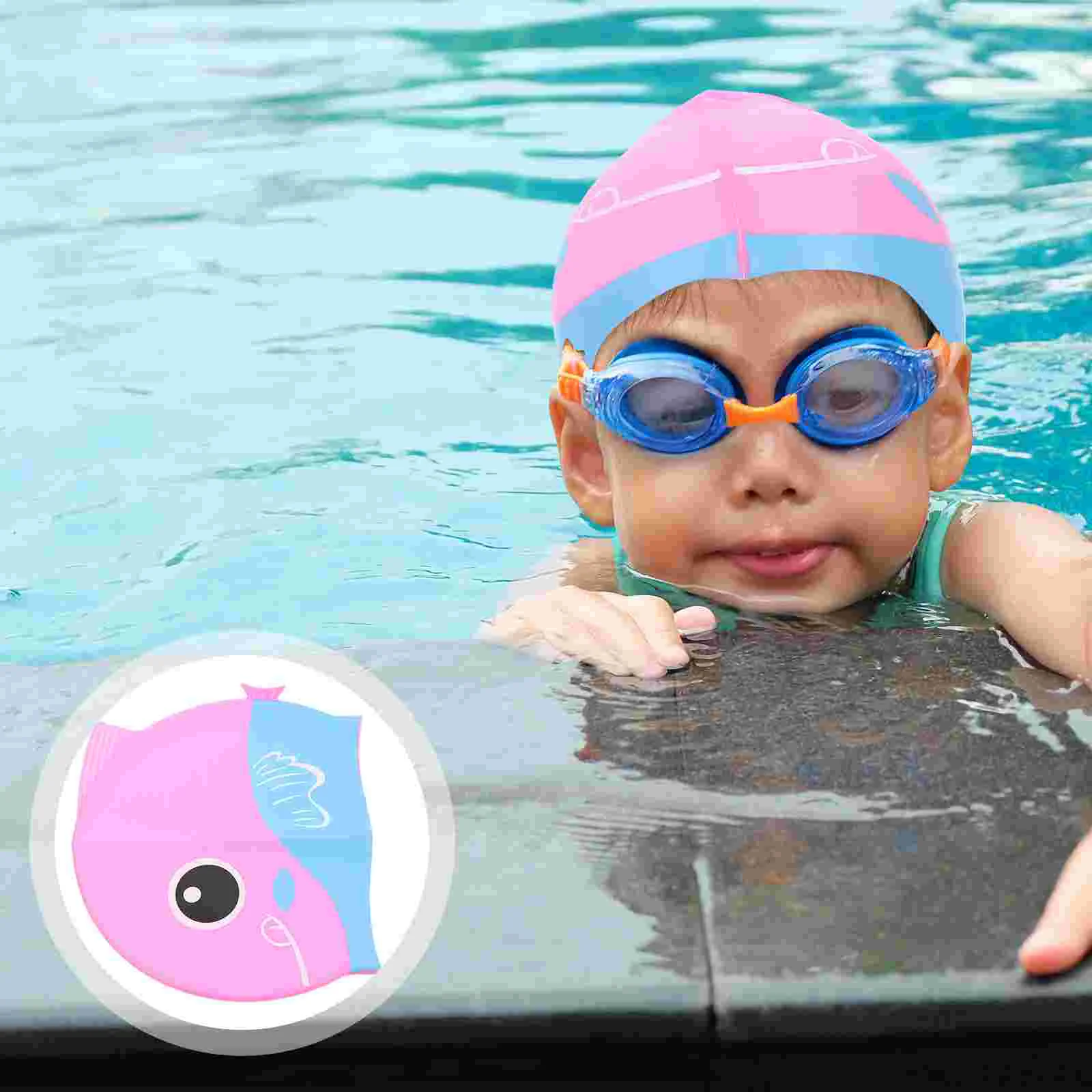 

Swimming Cap Silicone Hat Kids Cartoon Baby Ear Protection Swimcap Children Protector Tab