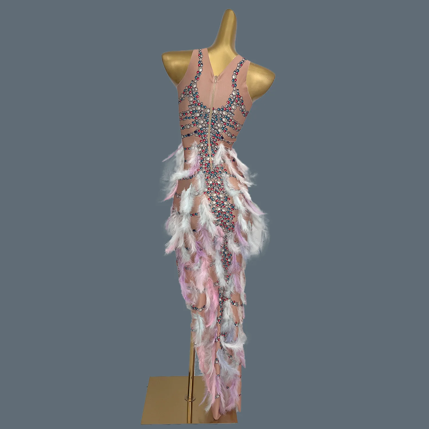Elegant Feathers Pearls Fancy Long Dress Birthday Party Sexy Gowns Nightclub Prom Stage Show Wear for Women Dance Dress Chuniao