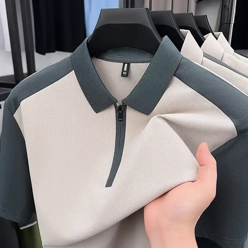 Men Casual Polo Shirt With Zipper Contrast Color Design For Daily Wear Summer Season
