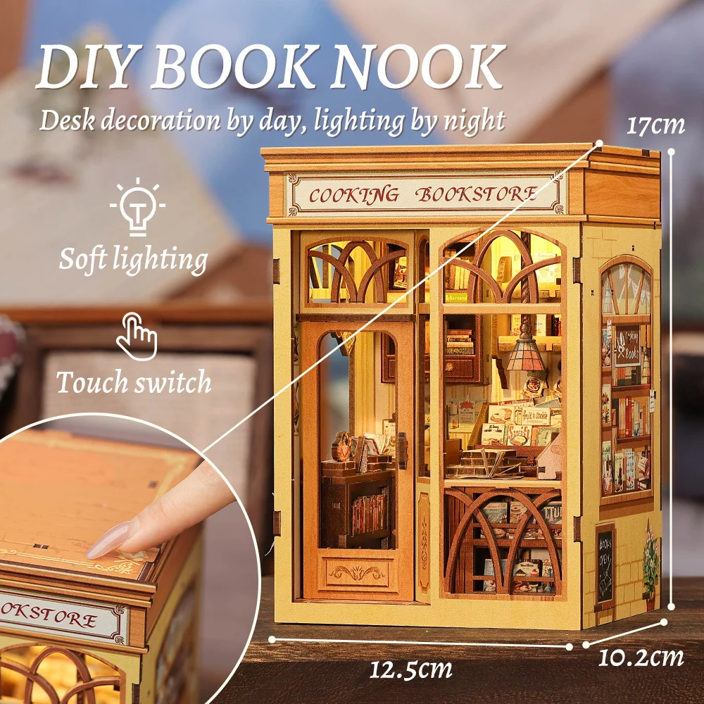 CUTEBEE Book Nook Kit DIY Doll House with LED Light Bookshelf Insert Cooking Bookstore Model Collection For Birthday Child Gifts
