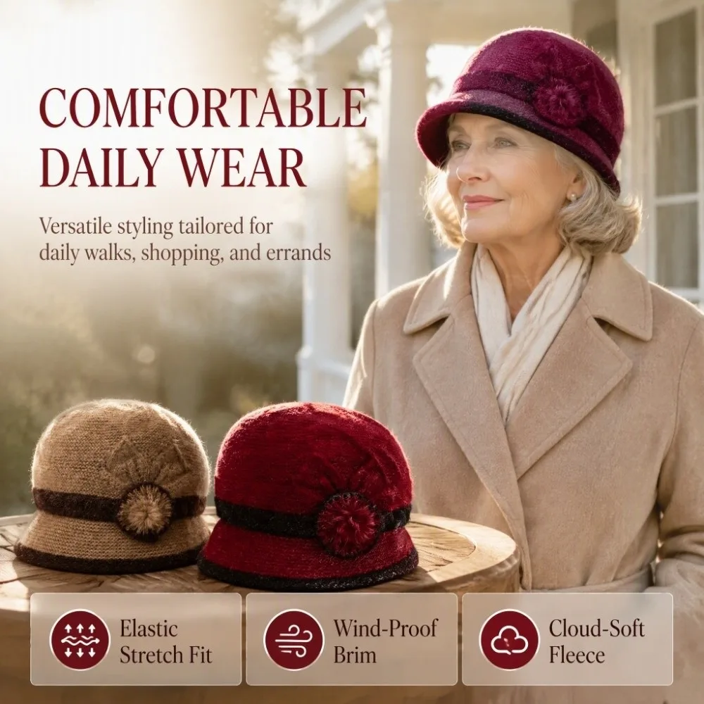Womens Knit Beanie Thick Warm Lining Ear Protection Elderly Winter Hat Stretchy Fabric Wind Resistant Rabbit Fur Hat