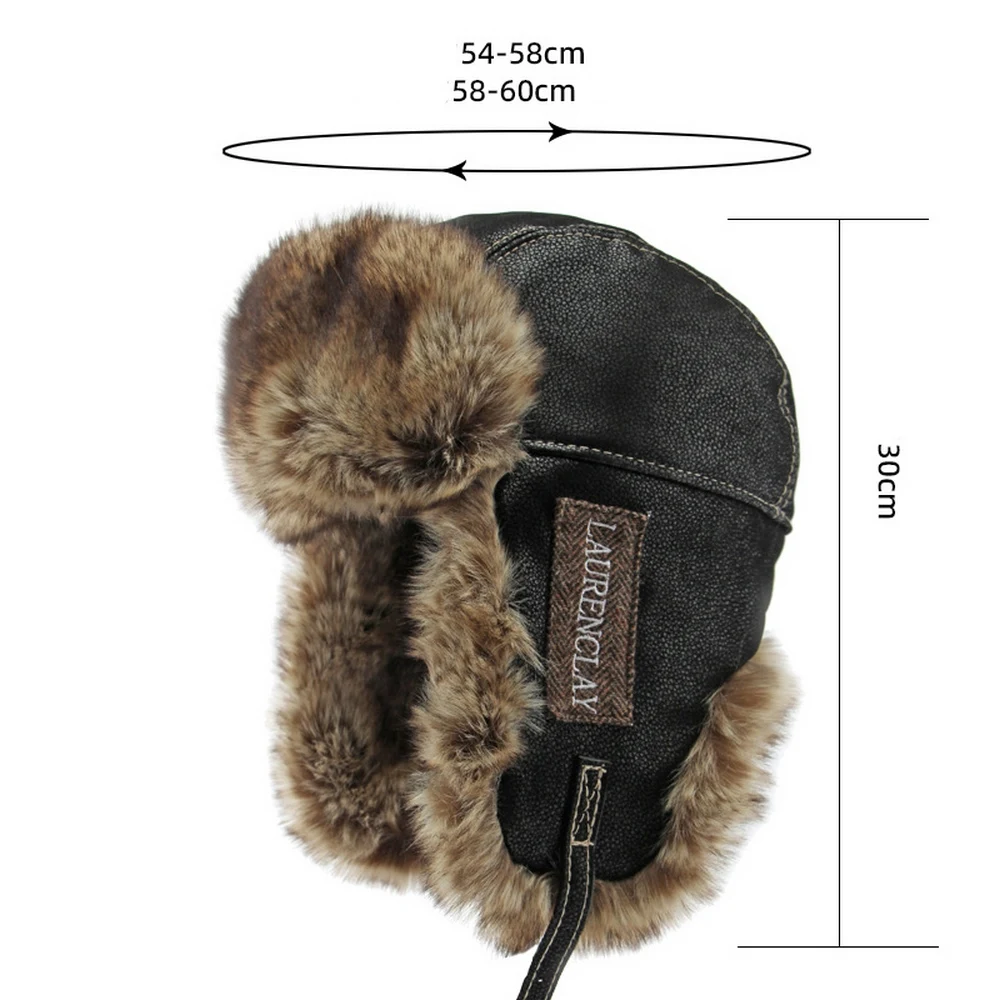 Winter Men Earflap Hat Bomber Caps Artificial Leather Thick Plush 54-60cm Retro Pilot Style Outdoor Keep Warm 2023 New YF0201