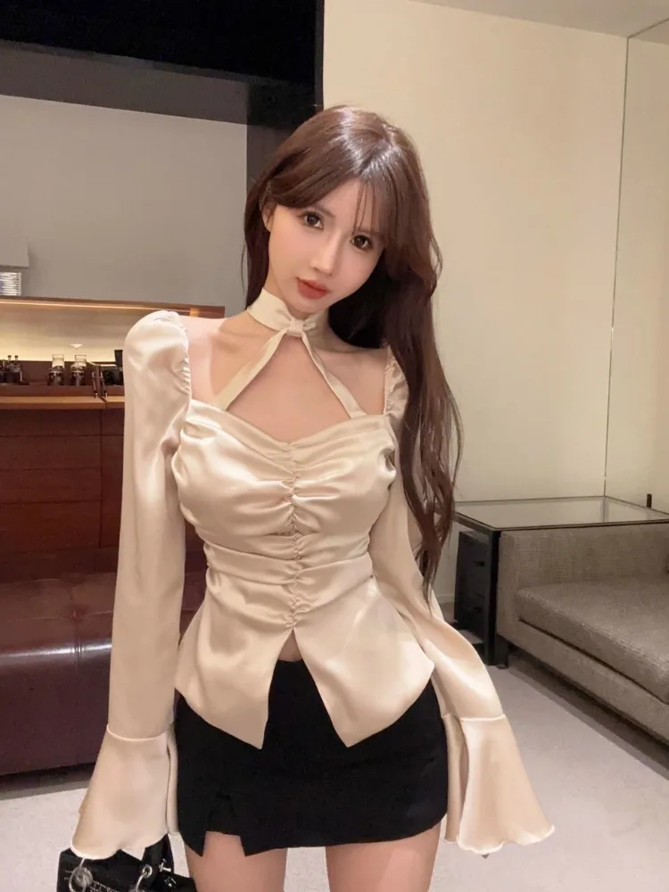 Ezgaga Elegant Shirts Women Flare Long Sleeve Slasn Neck French Style Satin Backless Split Crop Tops Sexy Ladies Blouse Casual