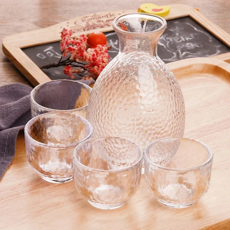 Glass Sake Set One Pot Four Wine Glass Sake White Wine Pot Flagon Handmade Clear Cups Home Bar Drinkware Gifts