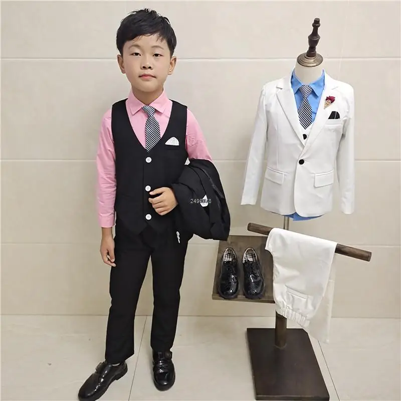 Wedding Suit For Boys Children White Baptism Jacket Vest Pants Bowtie Photograph Suit Gentleman Kids Birthday Ceremony Costume