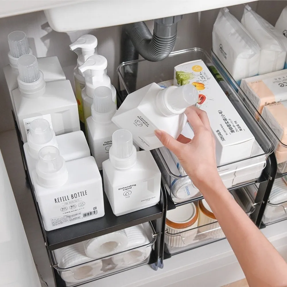Carbon Steel Kitchen Sink Rack PET Clear Drawer Anti Slip Foot Pull Out Drawer Basket Two Layers Cabinet Storage Organizer