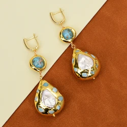 G-G Natural Cultured White Pearl Teardrop Shape Blue Larimar Pave Blue Murano Glass Dangle Earrings Boho Jewelry