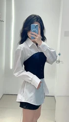 2024 Spring Summer Casual New Women High Quality White Shirt Blouse With Black Knitted Vest Tops