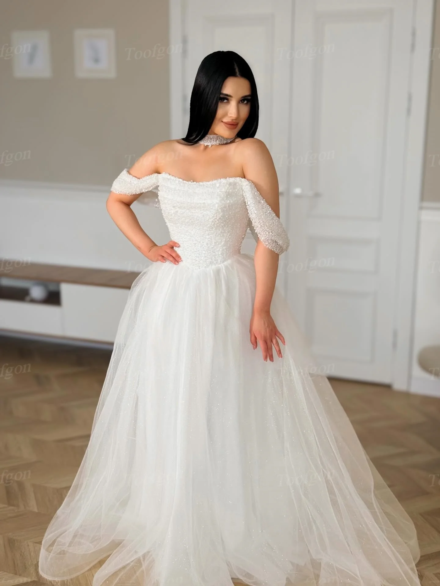 Toofgon Shiny Tulle Sequin Boho Wedding Dresses Customized A Line Off The Shoulder Bridal Gowns Formal Wedding Photo Shoot Dress