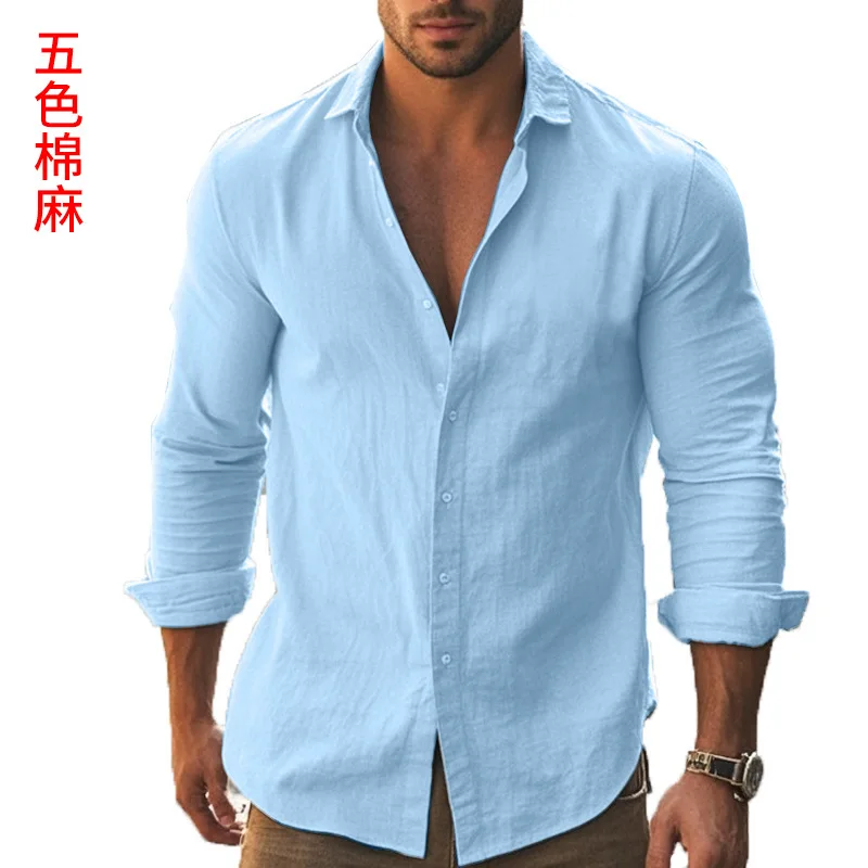 

New, Stylish, Trendy, Comfortable and Casual Solid-Color Long-Sleeve Shirt – Linen Lapel Button-Up Long-Sleeve Beach Shirt Top
